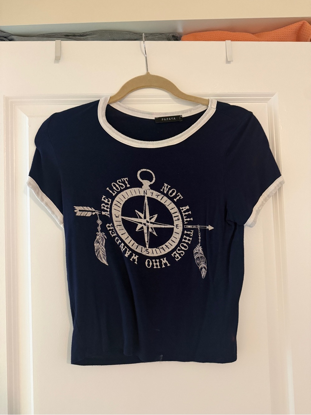 Papaya Navy Tee with White Trim and Crew Neck